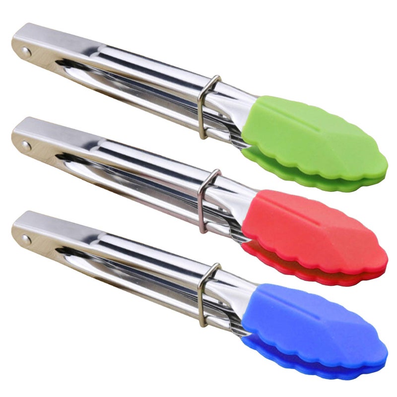 HINMAY Mini Tongs with Silicone Tips 7-Inch Serving Tongs, Set of 3 (Green Red Blue) - Image 1